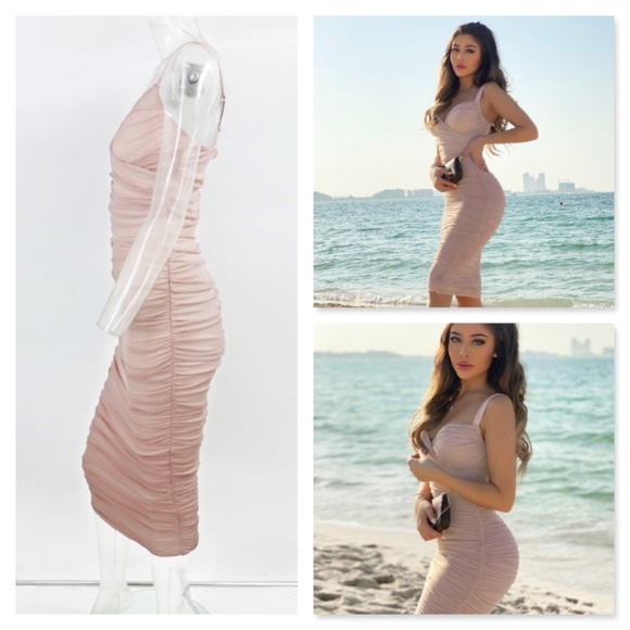 Mesh Ruched Tube V-Neck Dress - Picture 4 of 9